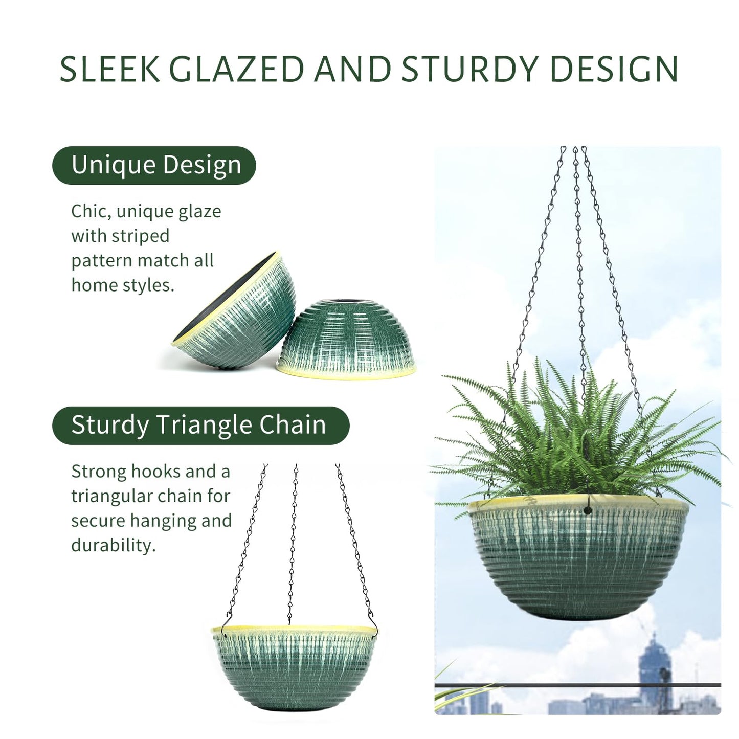 LESOASIS 10inch Hanging Planter, 2 Pack Hanging Planters for Indoor and Outdoor Plants, Glazed Hanging Plant Holder with Drainage, Indoor Hanging Flower Pots for Garden Home (Green Glaze)