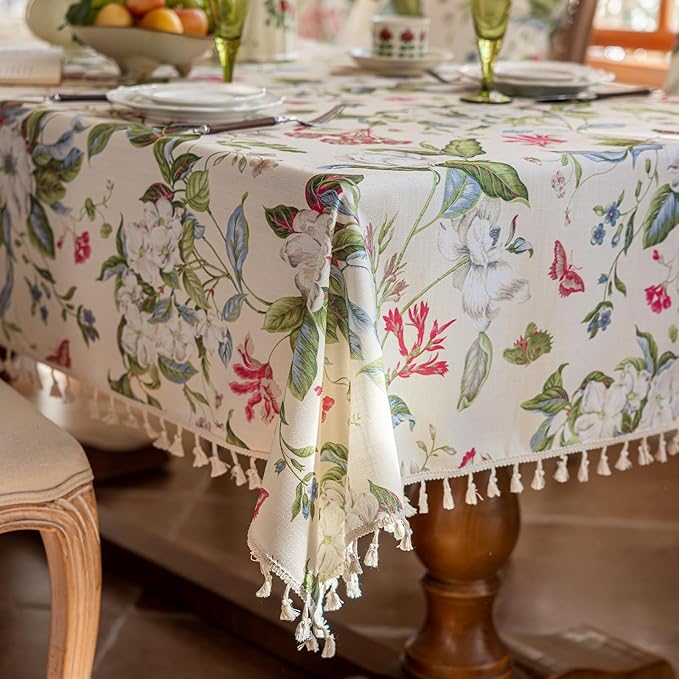 VClife Vintage Floral Butterfly Pattern Tablecloth, Linen Textured Rectangle