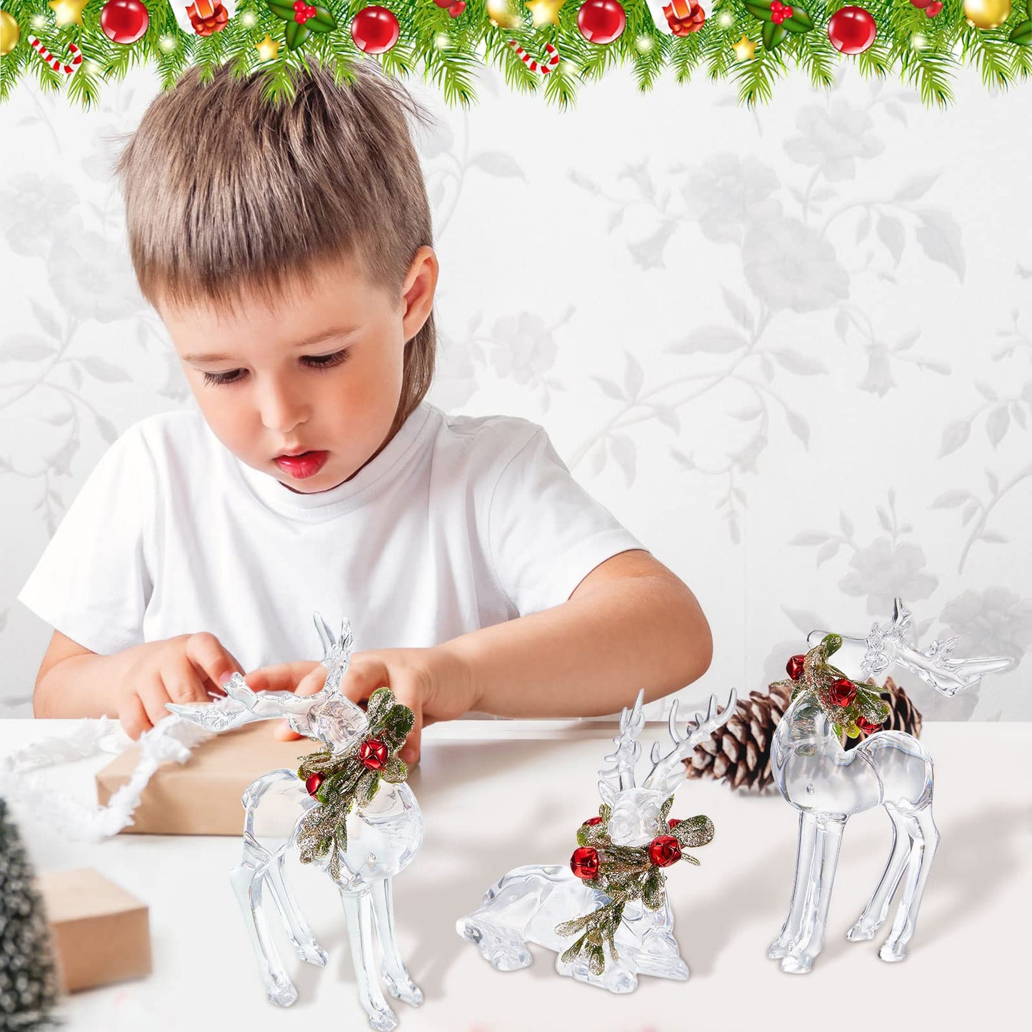 3 Pcs Acrylic Christmas Reindeer Ornaments Crystal Deer Figurine Statues Clear Christmas Small Reindeer Figurine Centerpiece for Xmas Party Decor