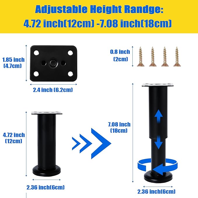 4PCS Adjustable Furniture Couch Cabinet Legs 4.72-7.48 Inch, Heavy Duty