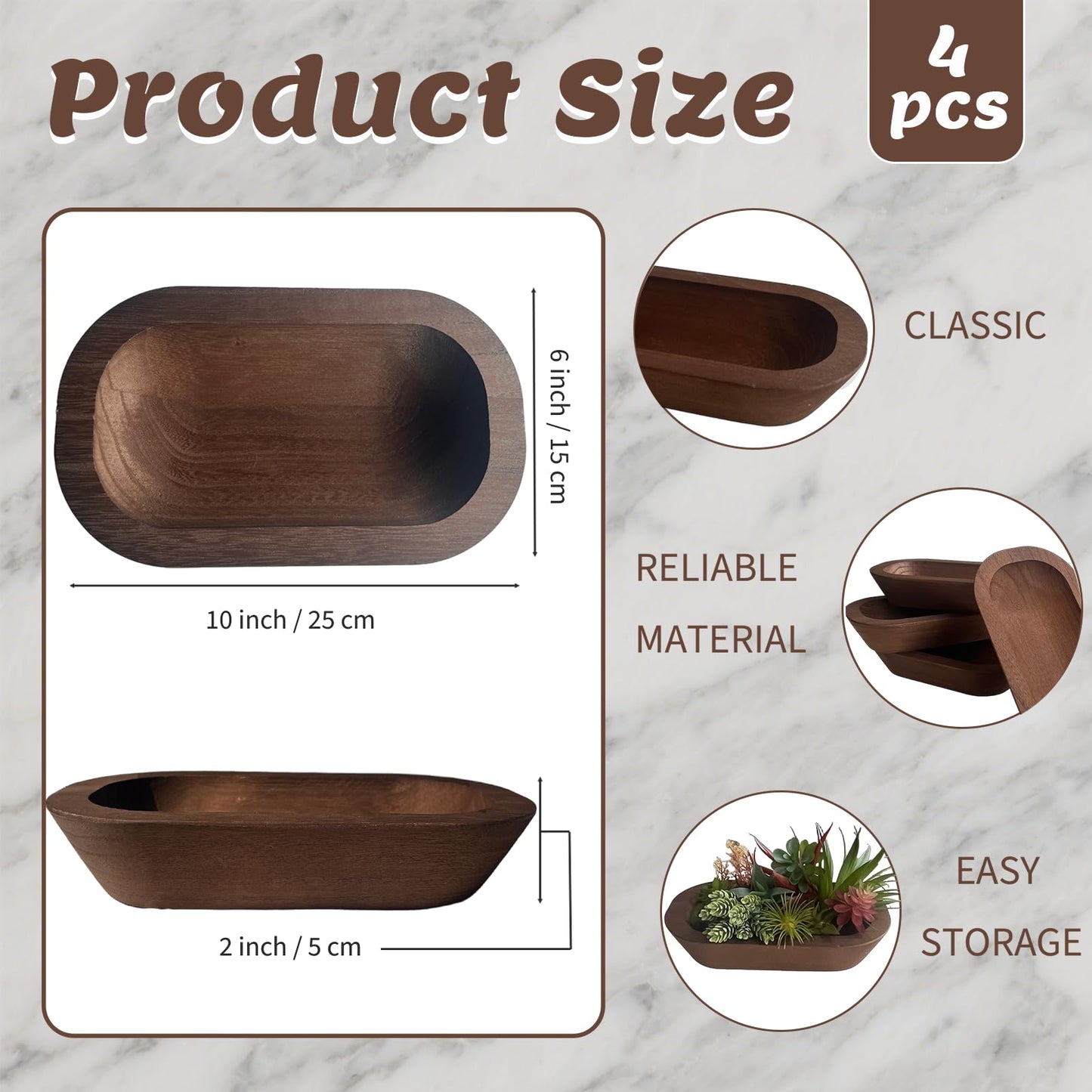 cachiv 4 Pack Dough Bowl for Candle, Wooden Decorative Bowls Paulownia Rustic Hand Carved Wooden Bowls for Candle Making Key Living Room 10"x6"x2" Brown