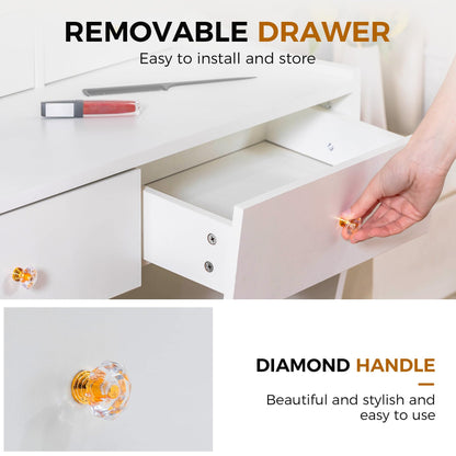 COMHOMA Makeup Vanity Desk with Mirror and Lights, Vanity Table and Chair Set with 5 Drawers and Charging Station, Bedroom Dresser LED Mirror Stepless Dimmable & 3 Color Modes Adjustable, Pearl White