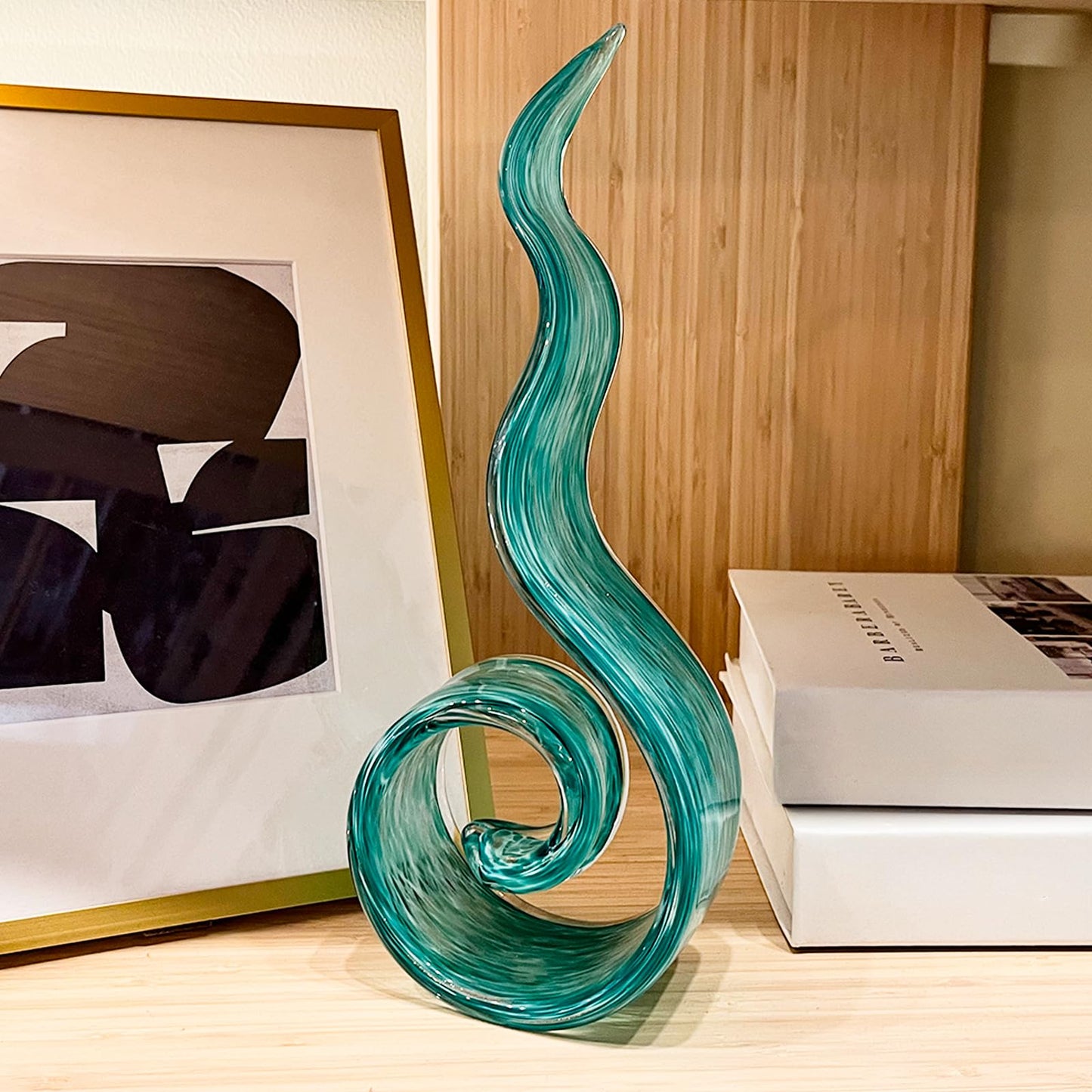 ORRFIDDY 11.4" Tall Hand Blown Glass Sculpture, Murano Style Art Glass Figurine, Modern Coastal Home Decor Accent for Shelf, Table, TV Stand, Living Room Decoration