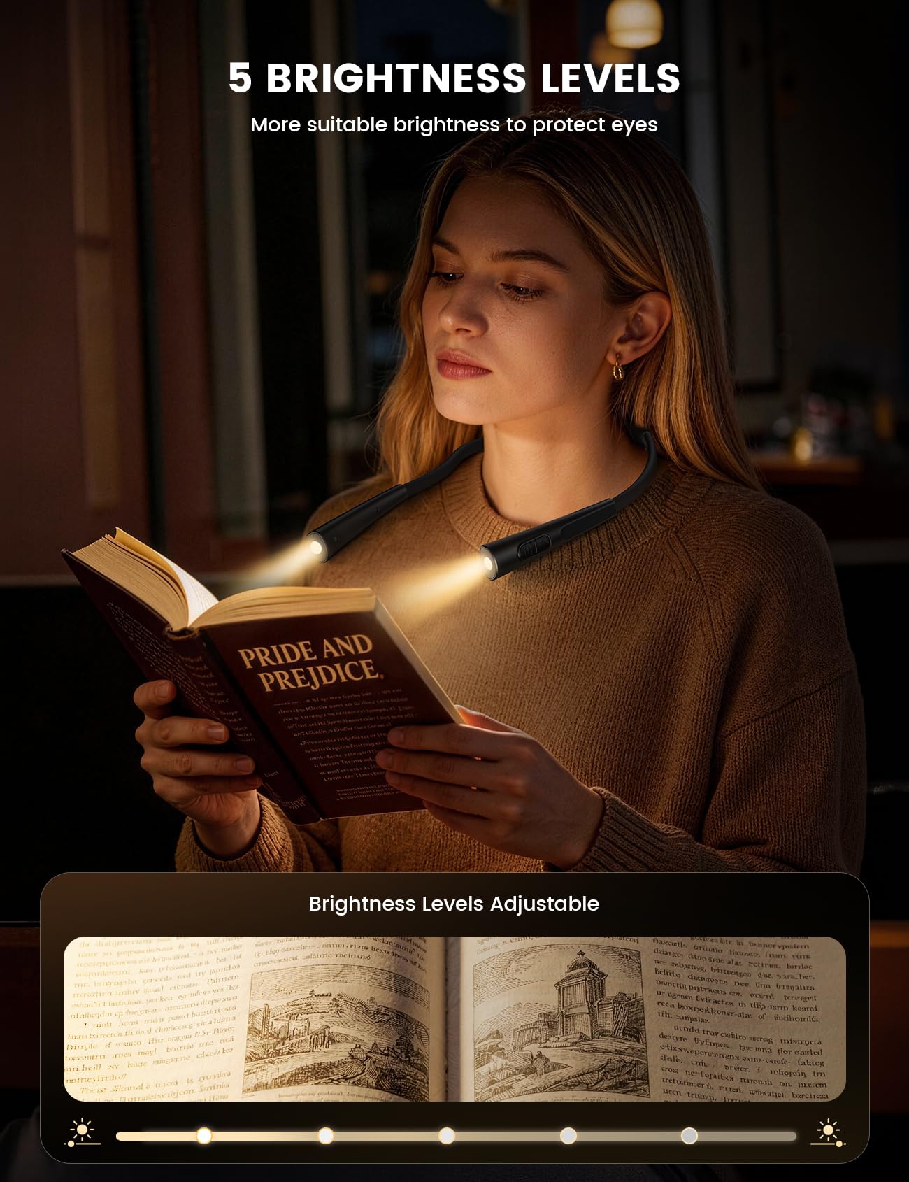 Lamicall 3.4oz Ultra-Light Book Light for Neck - [4-Color & 5-Brightness][Bendable Arms] Neck Light with 70 Hours Runtime, Reading Lights for Books in Bed, Knitting, Repairing, Crafting, Crocheting