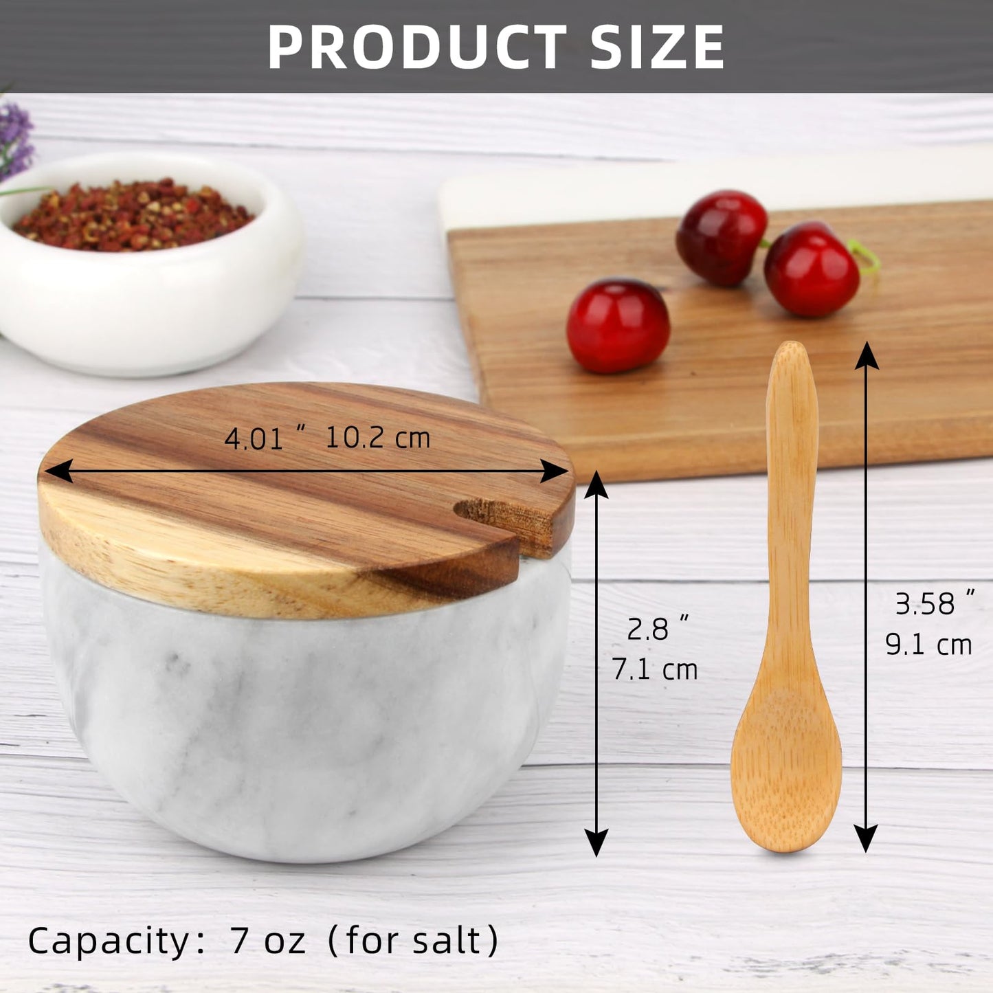 HESHIBI Salt Cellar Box with Lid & Spoon, Modern White Stone Salt or Pepper Sugar Spice Seasoning Bowl Container Jar Holder Well Keeper Dish Pig Crock for Kitchen (Marble Bowl Set)