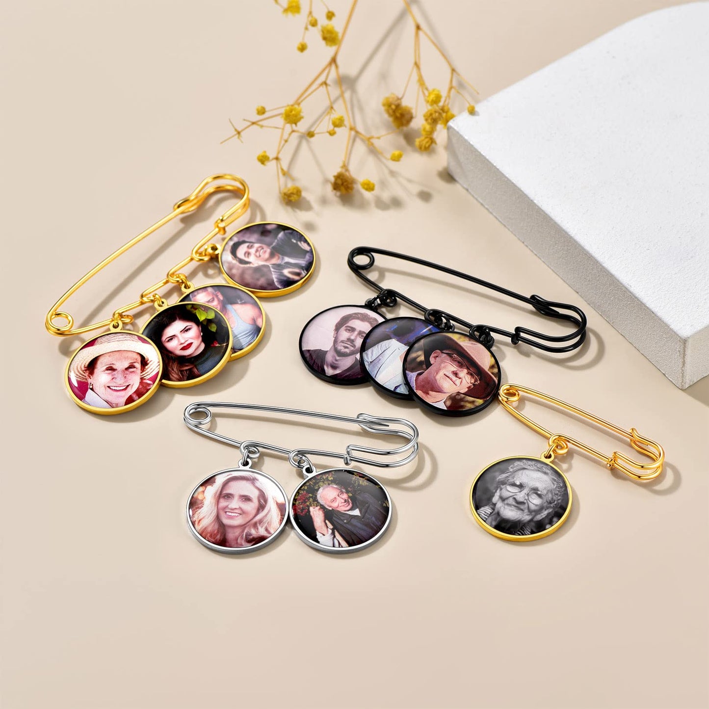 Custom4U Memorial Charm for Wedding Bouquet Round Shaped Memory Charms Brooch Pins Funeral Boutonniere with 2 Pictures Engraved