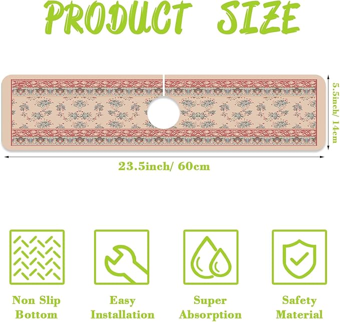 Sink Splash Guard Faucet Mat Retro Boho Flowers Absorbent Fast Drying Mat Sink
