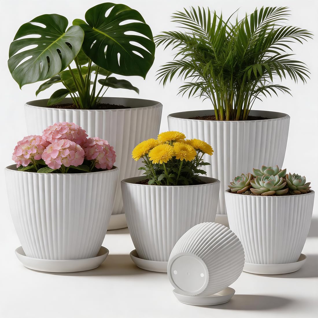 RooTrimmer 7.5/6.5/5.5/4.9/4.2/3.5 Inch Plant Pots with Drainage Holes and Saucer, Plastic Flower Pots for Indoor Plants, Lightweight Planter Pots for Plants, White