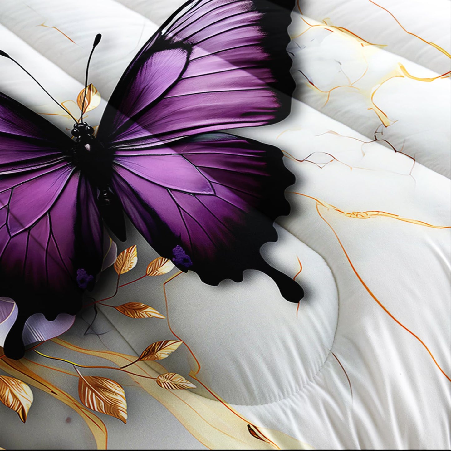 AILONEN Purple Floral Butterfly Comforter Set Queen Size,Gold White Marble Flower Bedding Set for Kids Girls Women,1 Quilt with 2 Pillowcases-3 Pieces