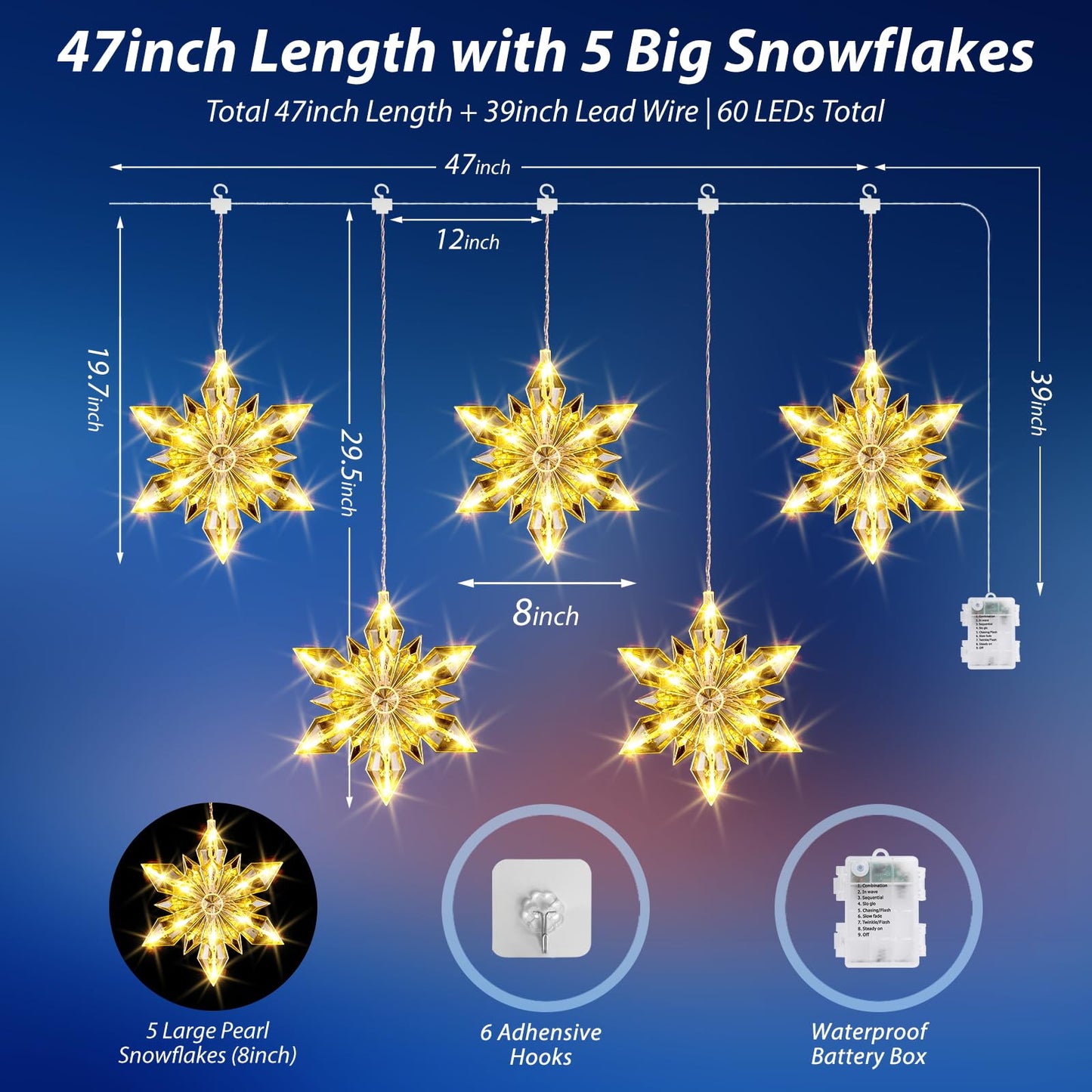 Christmas Snowflakes Window Lights, 5 Pack 60 LEDs Waterproof Hanging Battery Operated Christmas Decoration with Timer for Indoor Outdoor Xmas Home Winter Party Patio Bedroom Decor, Warm White