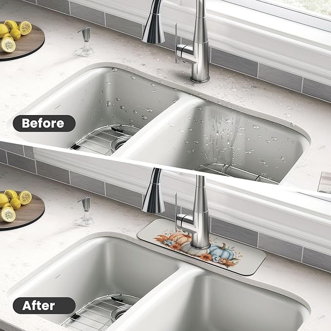 Kitchen Sink Splash Guard Faucet Mat Autumn Pumpkin Floral 15"x5.5", Diatom Mat