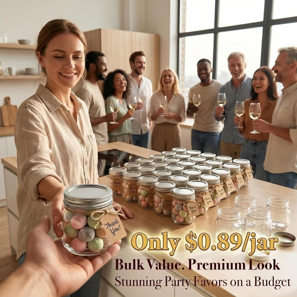 8 oz Mason Jars with Airtight Silver Lids - 30 Pack Small Glass Jars Set with Labels, Twine & Mesh Bags - Wide Mouth Canning Jars for Party Favors, Baby Shower, Wedding & Bulk Crafts