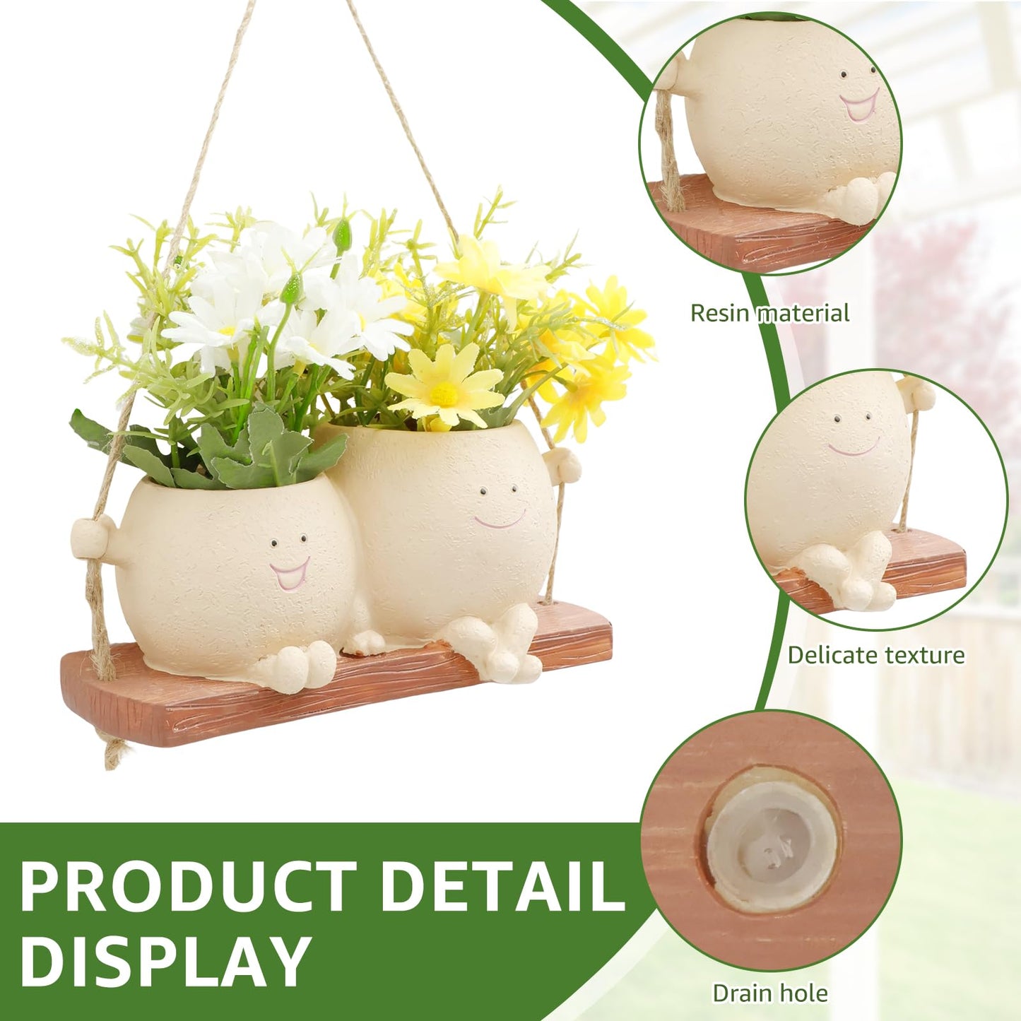 KarHoeGern Face Flower Pot Small Swing Face Hanging Planter Pots Swinging Succulent Cute Hanging Flower Pot Resin Head Planter for String Indoor Outdoor Plants Lovers Birthday