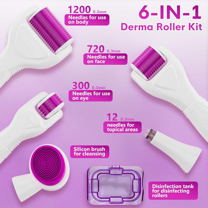 Derma Roller for Hair and Beard, 6 in 1 Microneedle Rollers Kit with 5 Replaceable Heads, Microneedling Roller for Scalp and Body, 300 Needle and 720 Micro Needle roller, 1200 Needle