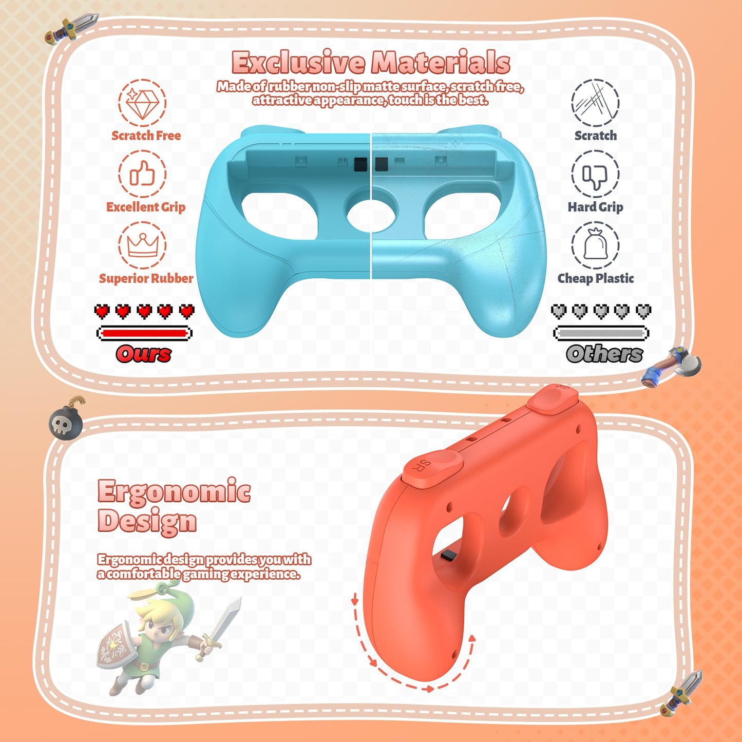 [Switch 1/2 Compatible] FASTSNAIL Grips for Nintendo Switch2 (2025)/Switch&OLED for Joy-Con2, Wear-Resistant & Anti-Slip Controller Grips Handle Kit, Switch2 Joycon Holder Accessories (Orange,Blue)