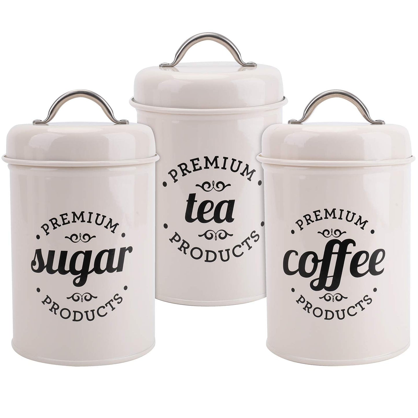 Hedume Set of 3 Airtight Kitchen Canister Decorations with Lids, Coffee, Tea, Sugar Metal Containers, Decorative Nesting Kitchen Canister Jars, Food Storage