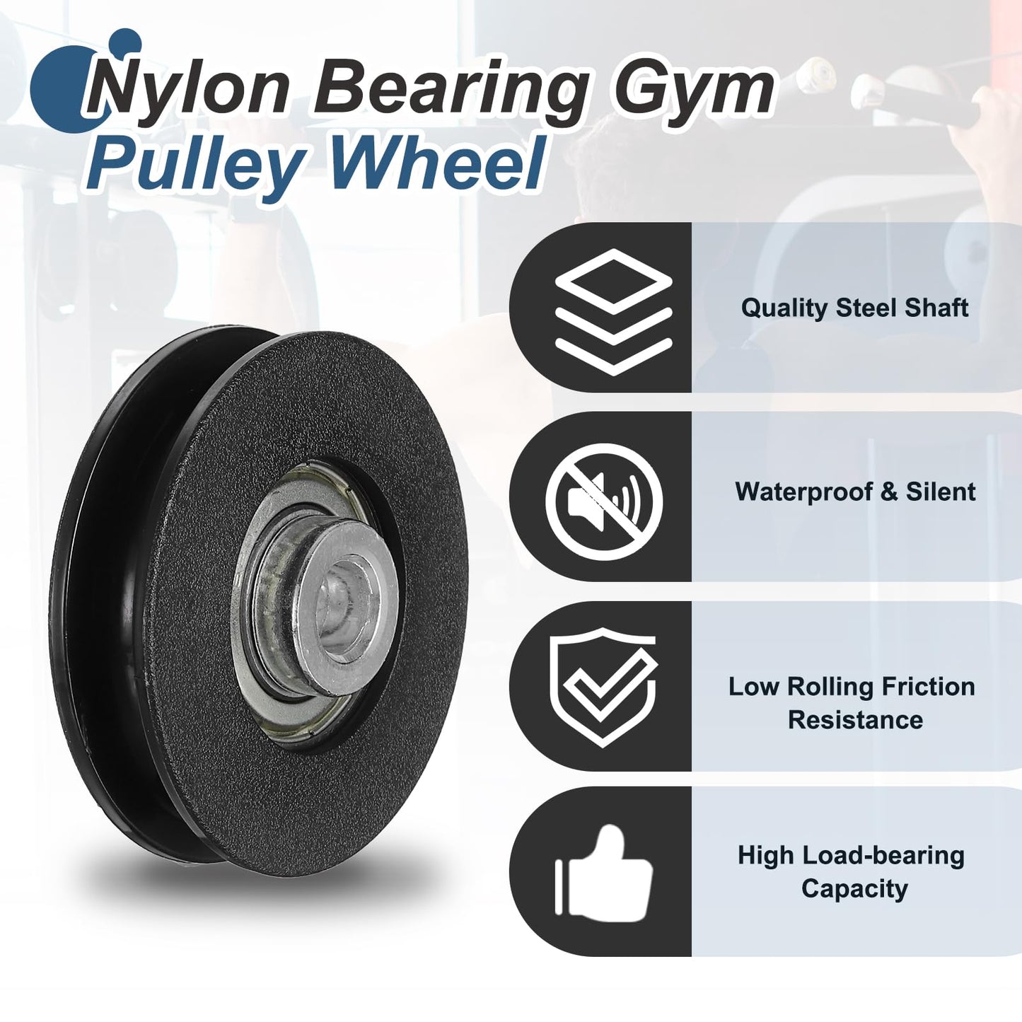 YELARXI 60mm / 2.36" Nylon Bearing Gym Pulley Wheel, Gym Cable Pulley Wheel Fitness Equipment Accessories 2 Pcs & Steel Shaft & Black-Fitting for (Cable Machine/Garage Door/Home Exercise)
