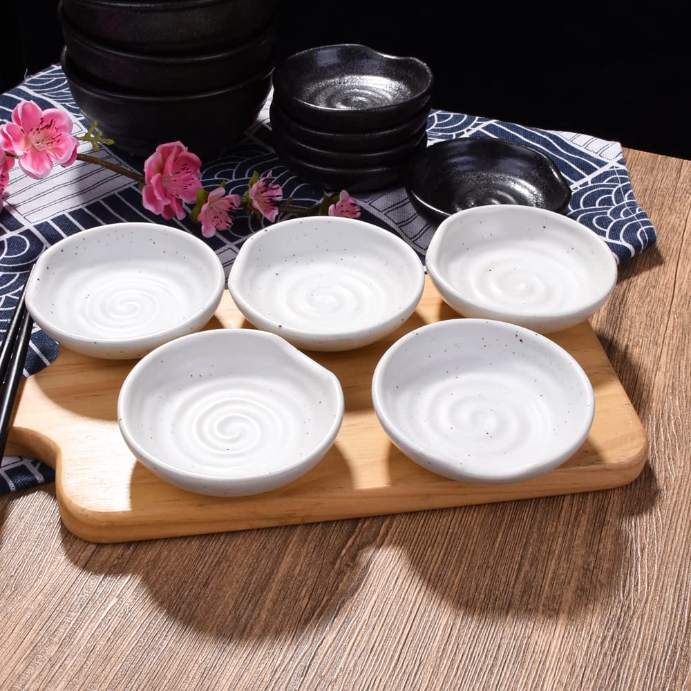 Swlthwen 3.1 Inch Porcelain Side Dish Bowl Seasoning Dishes Soy Sauce Dishes Dipping Sauce Bowls-Set of 5,Soy Sauce Dish with Mouth(White)