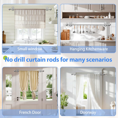 Curtain Rods No Drilling for Windows 32 to 45 Inch:No Drill Small Silver Curtain Rod with Adhesive Brackets for Bedroom,5/8" Apartment Renter Friendly Adjustable Drapery Rods Easy Install