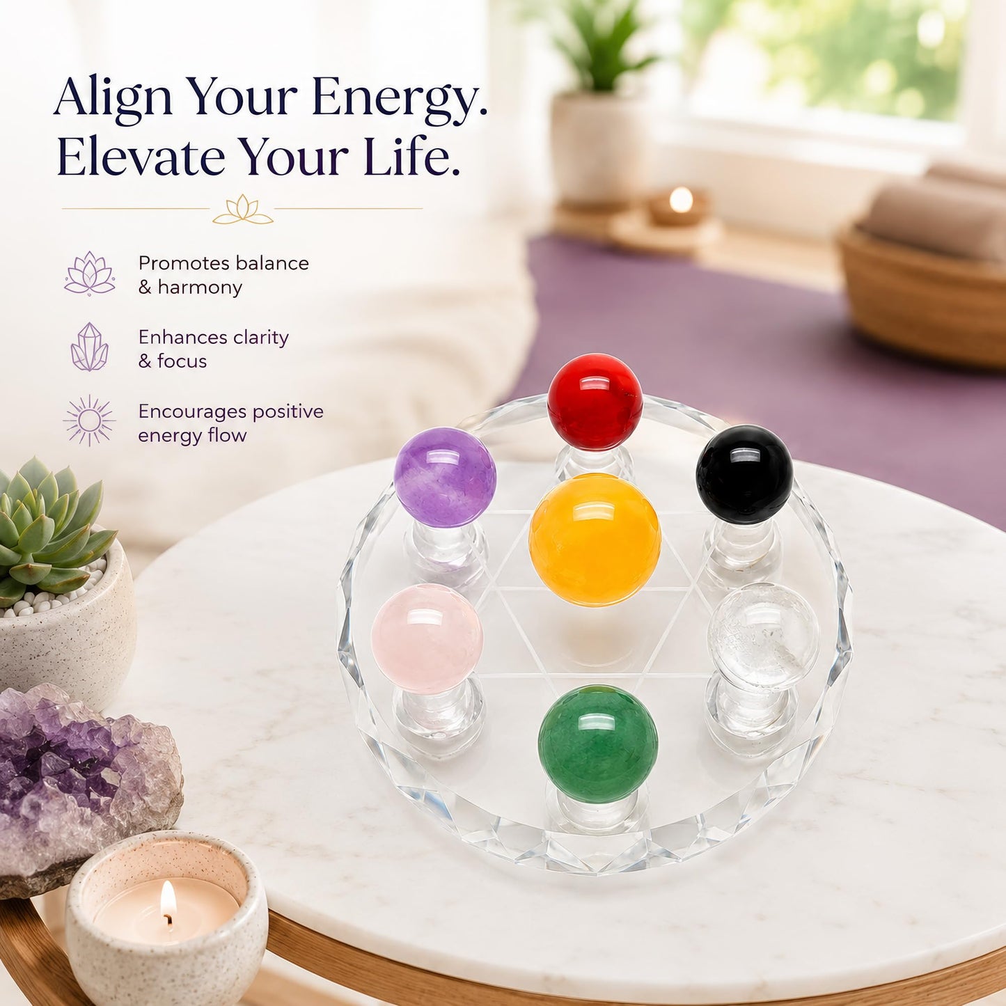 Chiorgone Natural Crystal Sphere Seven Star Array - Feng Shui Chakra Healing Energy Home Office Decor Set.(Multicolour)