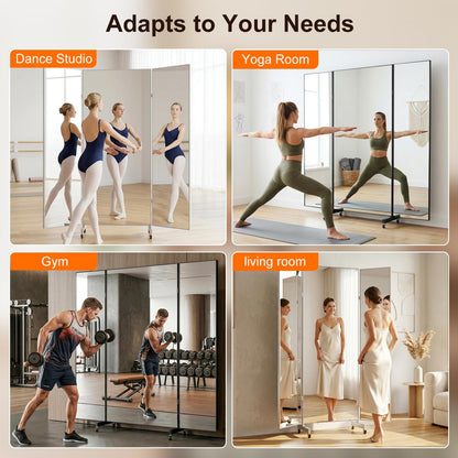 HDmuxel Full Length Mirror with 360° Wheels, 63" x 71" Foldable Floor Mirror with Nano-Tech Shatterproof Film - Ultra-Large Mobile Mirror for Home Gym, Dance Studio & Commercial Spaces (Sliver)
