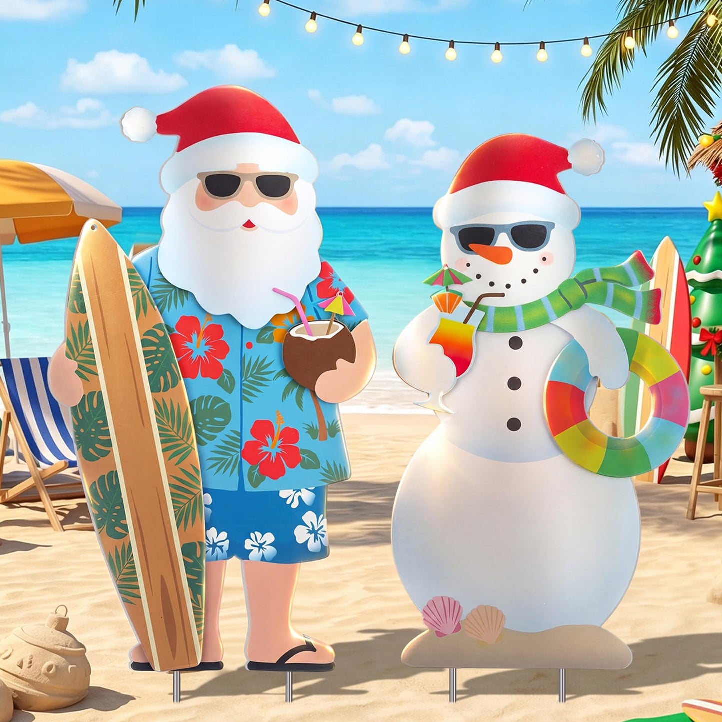 Leinuosen 2 Pcs Metal Christmas in July Yard Signs with Stake July Christmas Yard Decorations Beach Santa and Snowman Stake Signs Tropical Hawaiian Decor for Outdoor Garden Lawn Patio Walkway Pathway