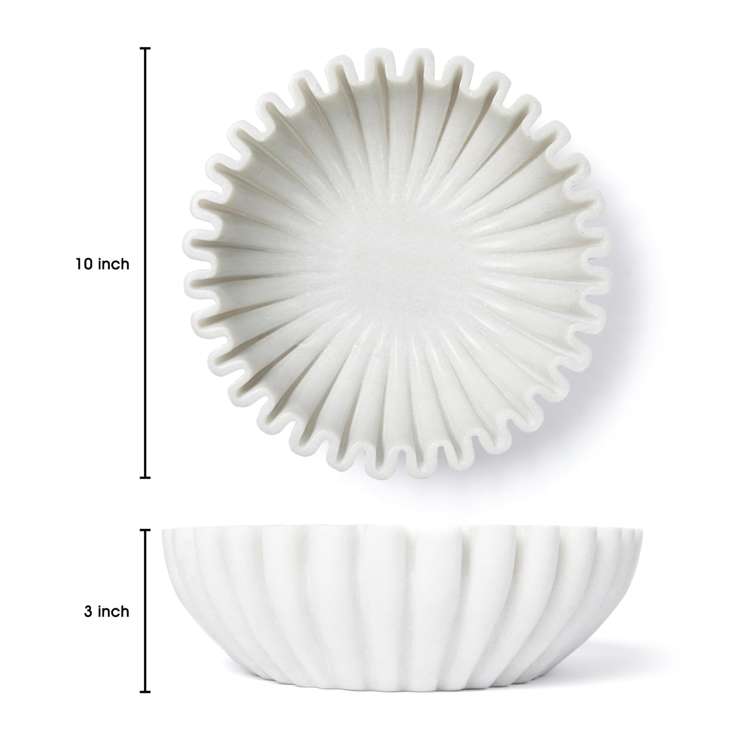 Fluted Marble Bowl Decorative - 10" Ruffle Scalloped Stone Bowl - Large Decorative Bowls for Home Decor, Coffee Table, Entryway, Fruits on Kitchen Counter, Centerpieces, Keys - Handcraffted in India