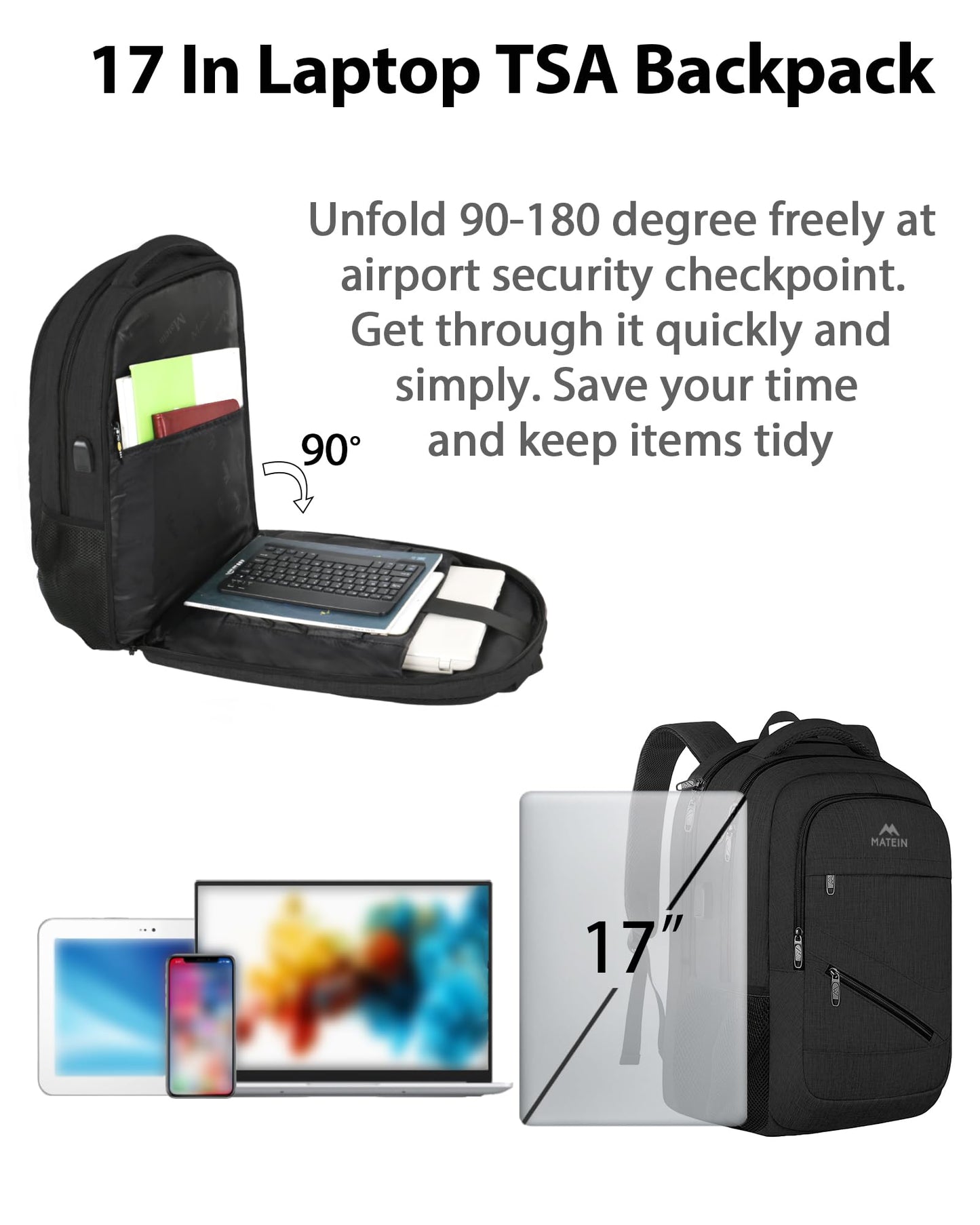 MATEIN Travel Laptop Backpack,17 Inch Business Large Backpack Bag With USB Charging Port, Water Resistant Work Rucksack Anti Theft Lightweight for College High School Men Women Casual Daypack, Black