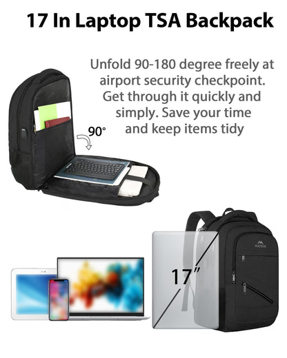 MATEIN Travel Laptop Backpack,17 Inch Business Large Backpack Bag With USB Charging Port, Water Resistant Work Rucksack Anti Theft Lightweight for College High School Men Women Casual Daypack, Black