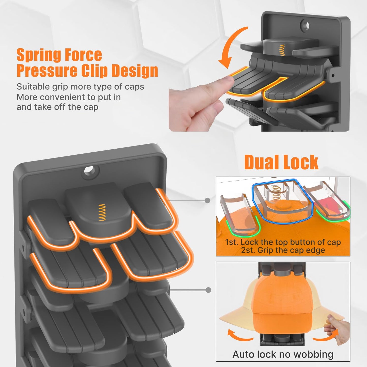 BRUBEQO Hat Organizer for Baseball Caps 2 Packs with Built-in Spring Clips - Wall Mount Closet Hat Rack Holder,Storage for Door/Closet Display Hat Racks Hanger (Strong Adhesive & Screws) Matte Black.