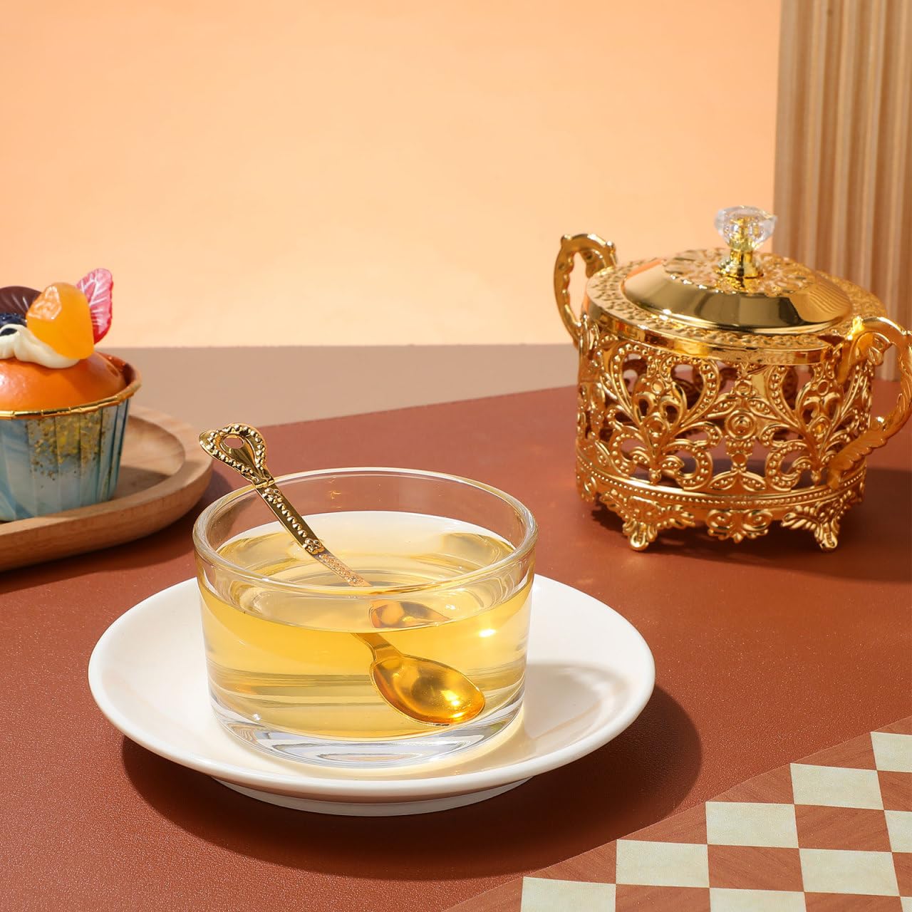 Sugar Bowl, 2 Sets Turkish Sugar Bowl with Lid and Spoon Condiment Pots Seasoning Box Golden Embossed Glass Candy Jar Coffee Bar Accessories