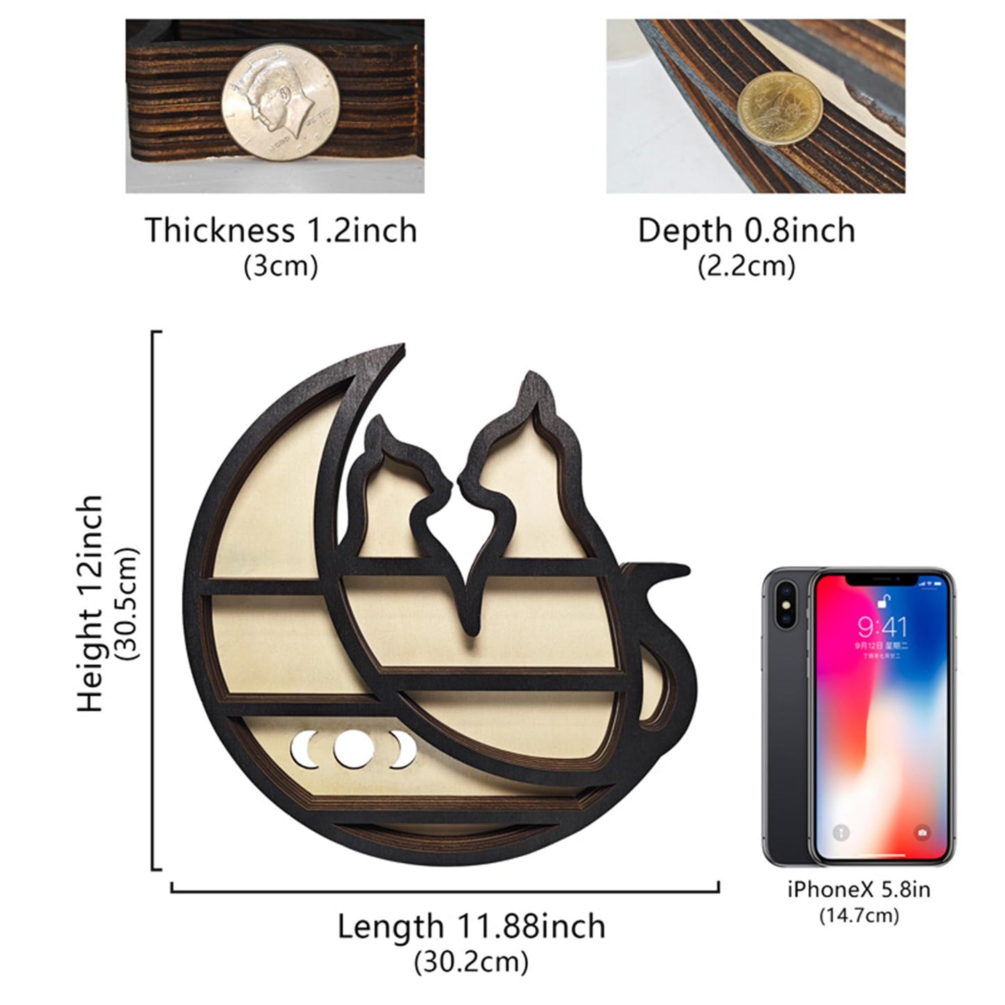 FNYDOX Crystal Display Shelf for Wall, Cats on the Moon Shelf, Crescent Moon Phase Cute Home Decor Wooden Rock Display Shelf Crystal Holder Stone Storage Aesthetic Hanging Floating Organizer