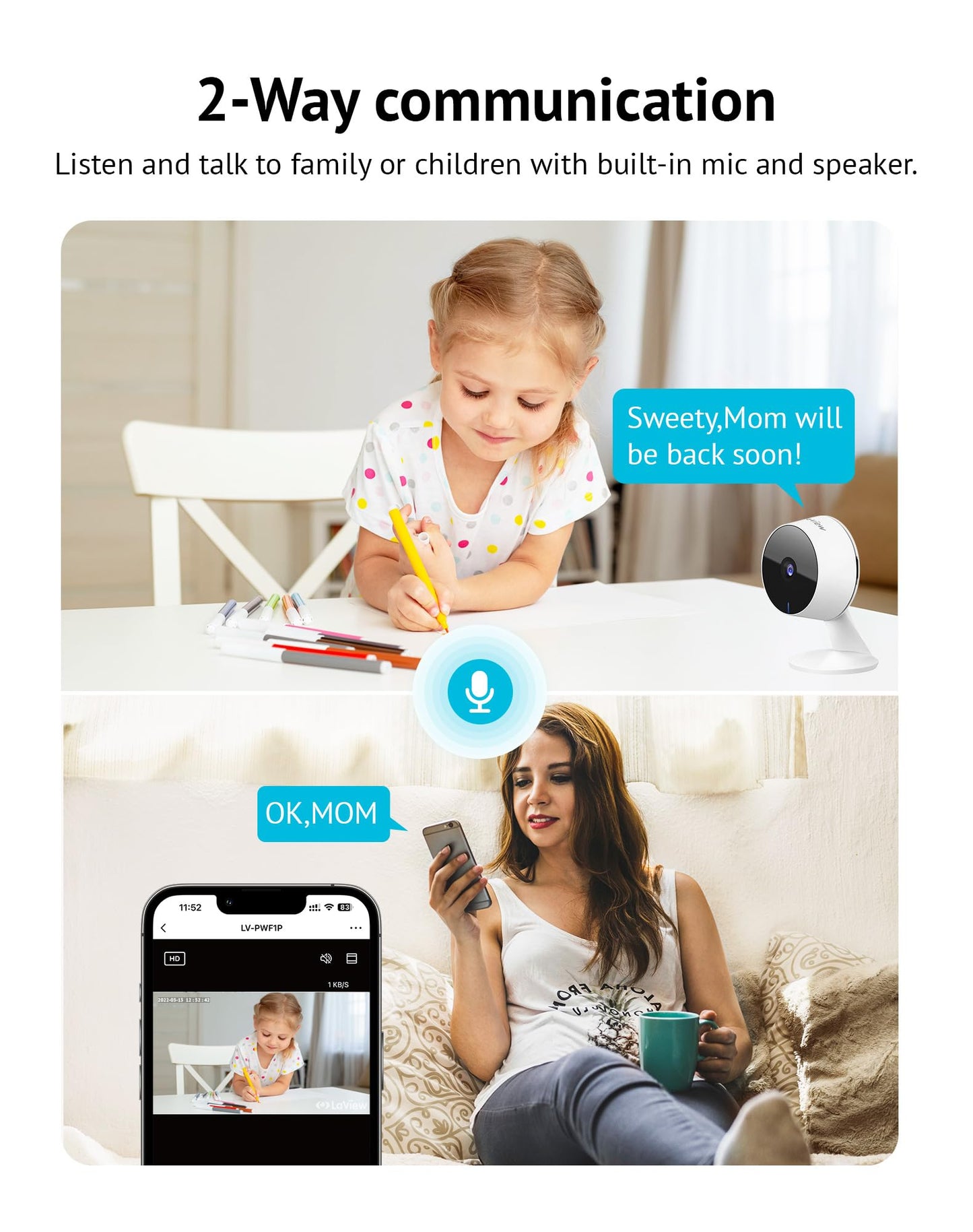 LaView Security Cameras 4pcs, Home Security Camera Indoor 1080P, Wi-Fi Cameras Wired for Pet, Motion Detection, Two-Way Audio, Night Vision, Phone App, Works with Alexa, iOS & Android & Web Access