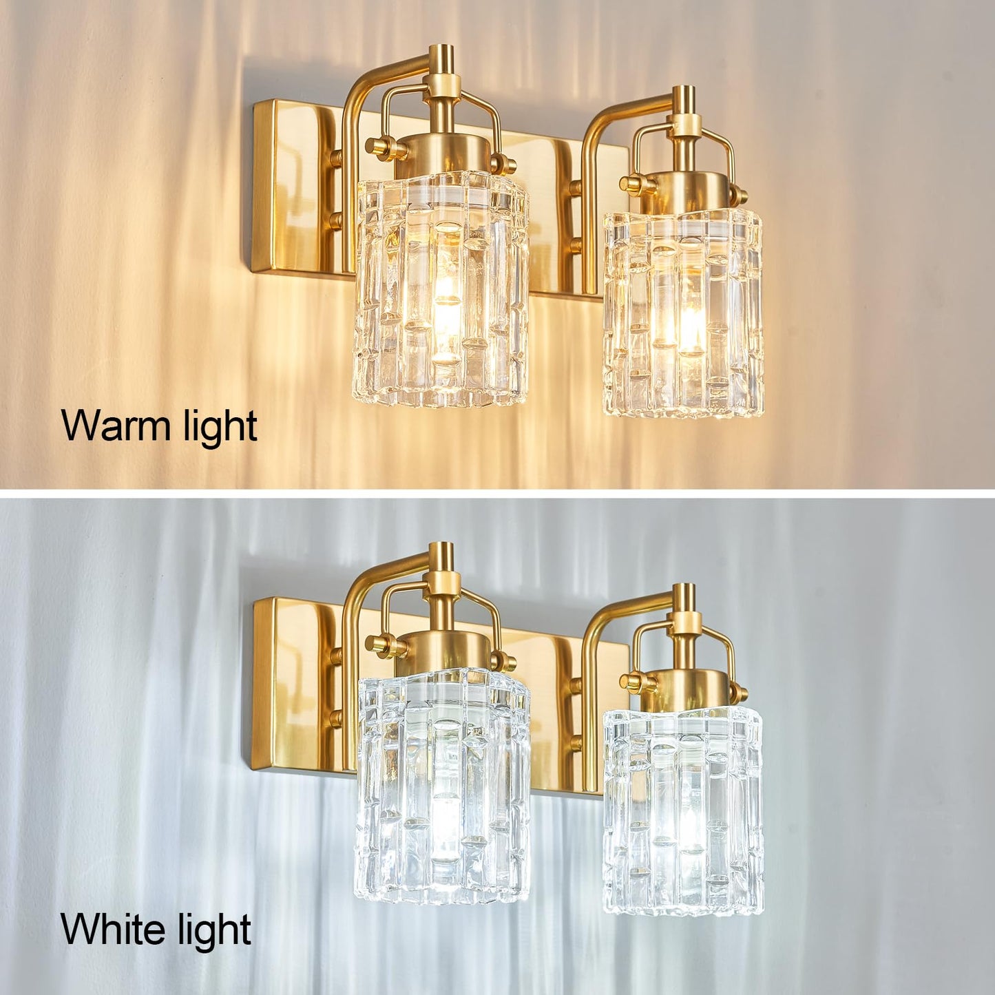 BNHHLZ 2 Light Crystal Glass Vanity Light, Gold Bathroom Lighting Fixtures Over Mirror Modern Bath Wall Sconce Lighting for Bedroom Living Room