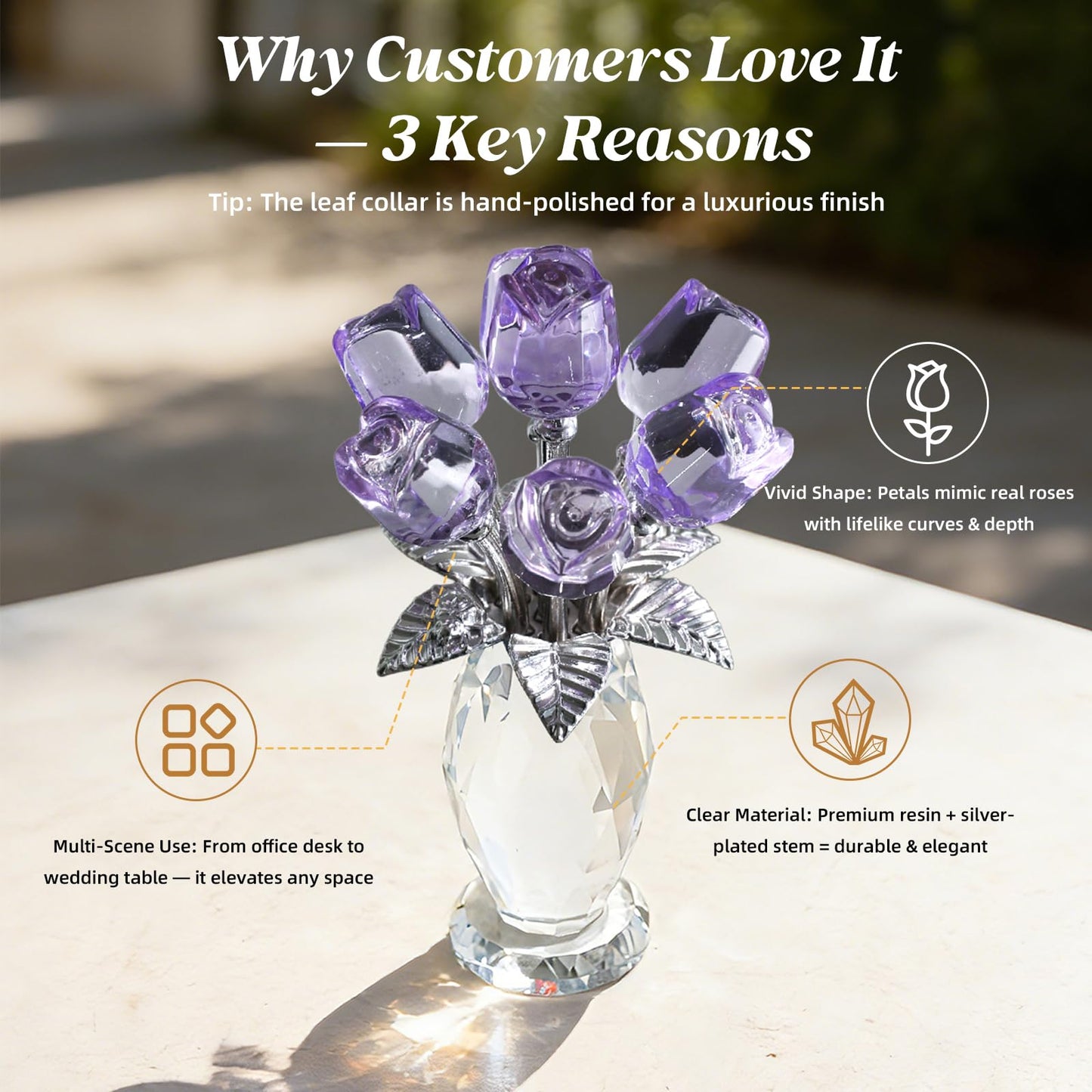 MysticGlitz Purple Crystal Rose Figurine in Faceted Vase - Hand-Polished 5.7" Glass Flower Statue Home Decor - Forever Rose Collectible for Mothers Day, Birthday, Wedding for Her