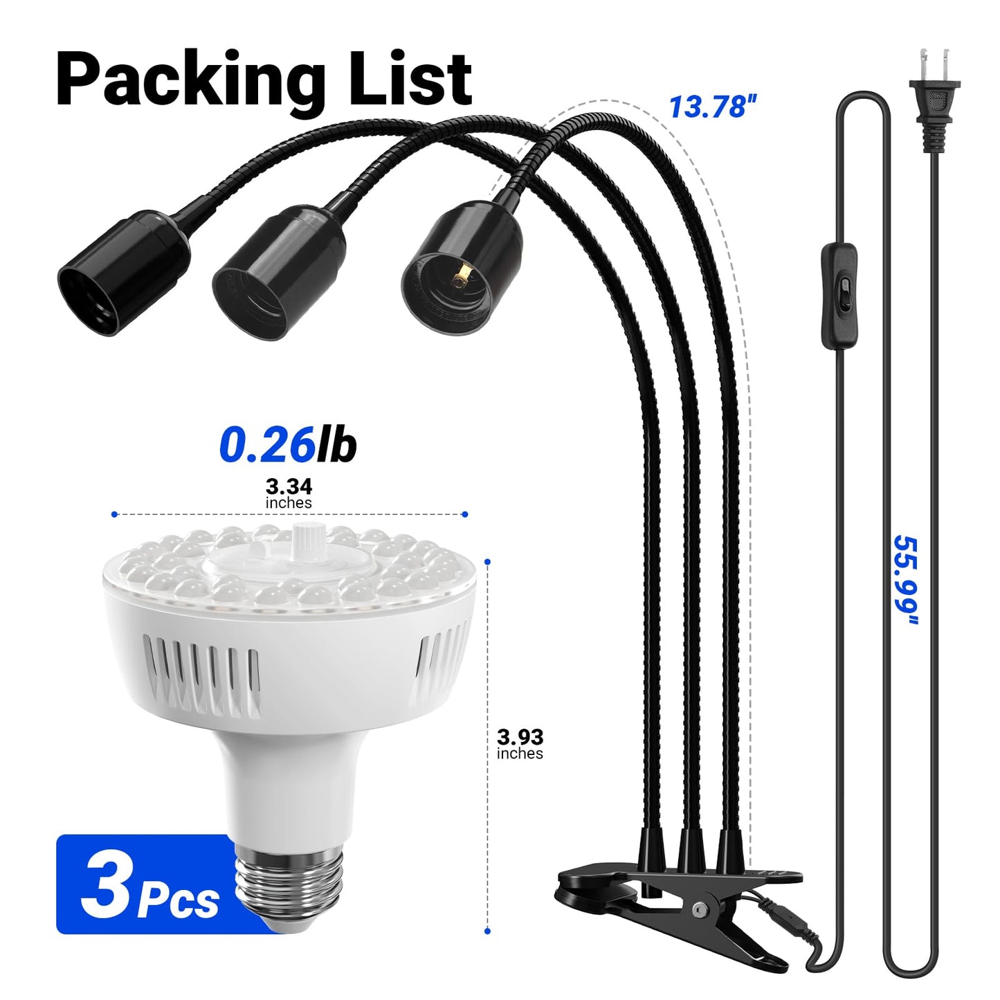 Barrina Orbgrow OG11A3 Clip On Grow Lights for Indoor Plants, Integrated Stepless Dimming & Timing, 4000K 33W(3 x 11W, 300 Watt Equiv), Full Spectrum 3-Gooseneck with E26 Plant Light Bulbs