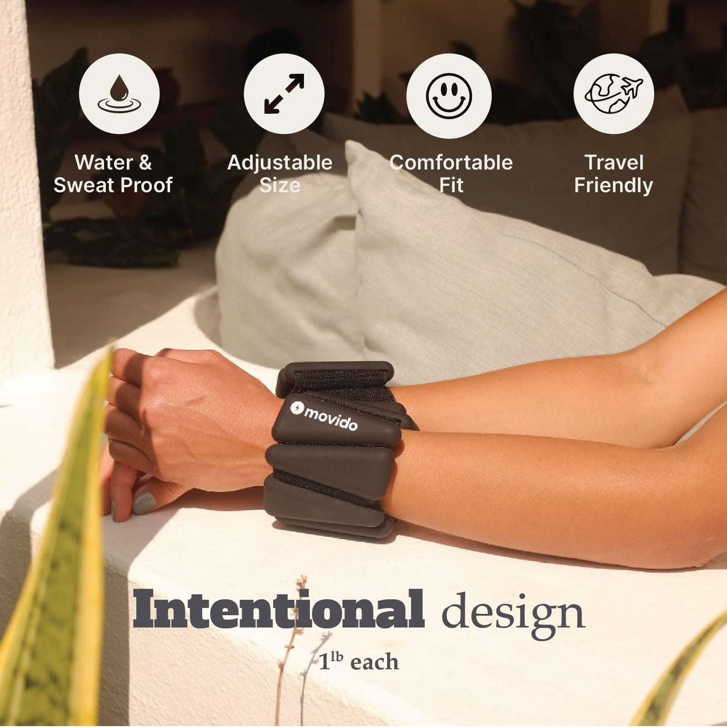 Movido Wearable Wrist & Ankle Weights - 1 lb each (2 per set) | Compact Workout Weights for Women & Men | Perfect for Yoga, Walking, Pilates, Home Workouts (Carbon)