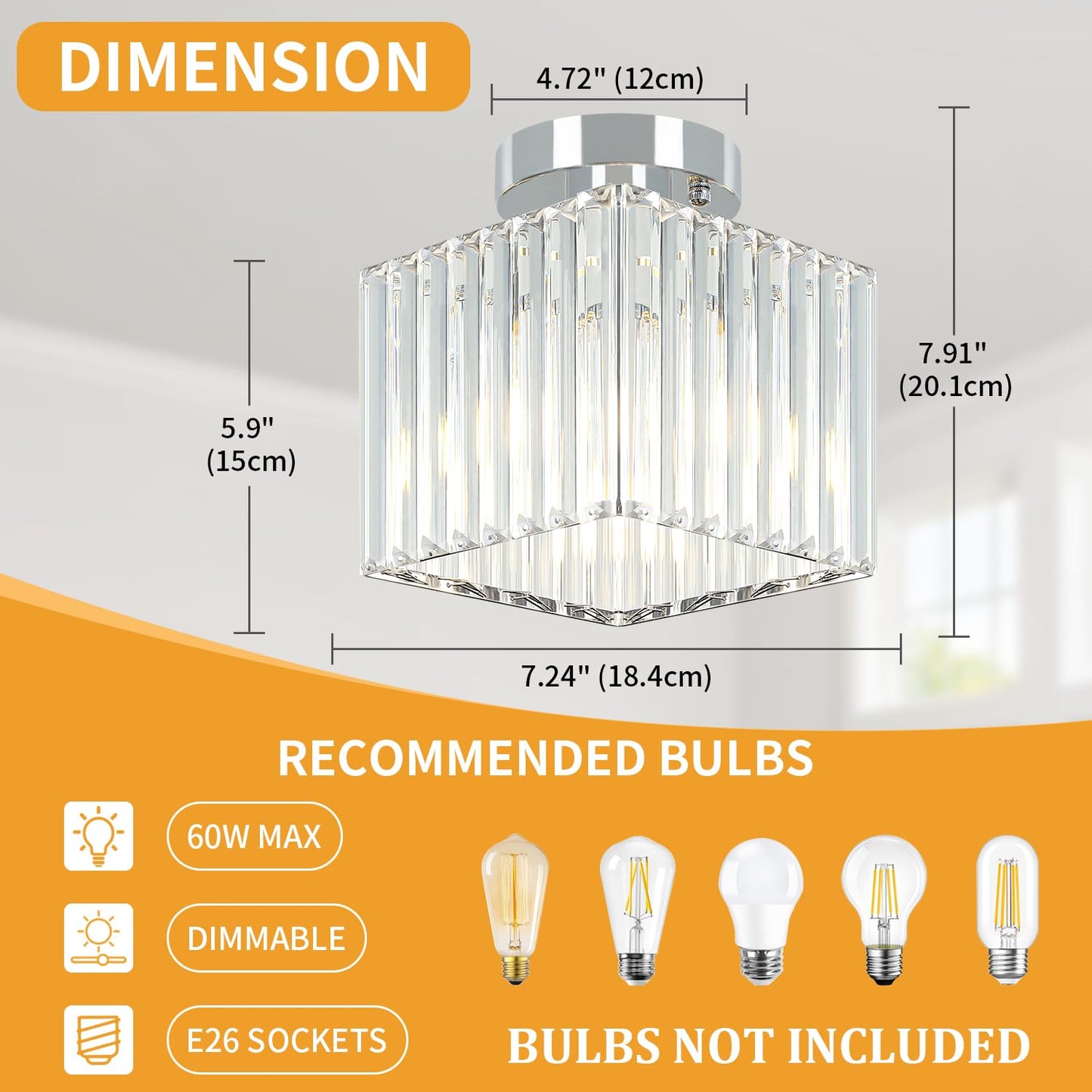 GZBEINI 2-Pack Modern Crystal Semi Flush Mount Ceiling Light, Mini Square Chrome Hallway Light Fixtures Close to Ceiling Lights for Entryway Bathroom Bedroom Kitchen Dining Room Laundry, 7.24Inch