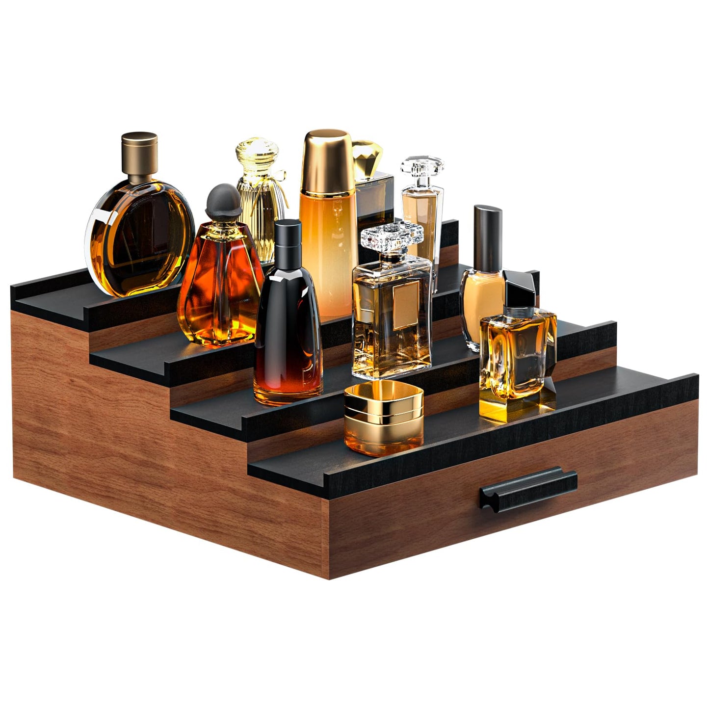 Sephyroth Cologne Organizer for Men 4 Tier of Elevated Cologne Display Shelf with Drawer Storage Perfume Organization and Storage Display Risers,Great Gift for Man(4Tier-WalnutBalck)