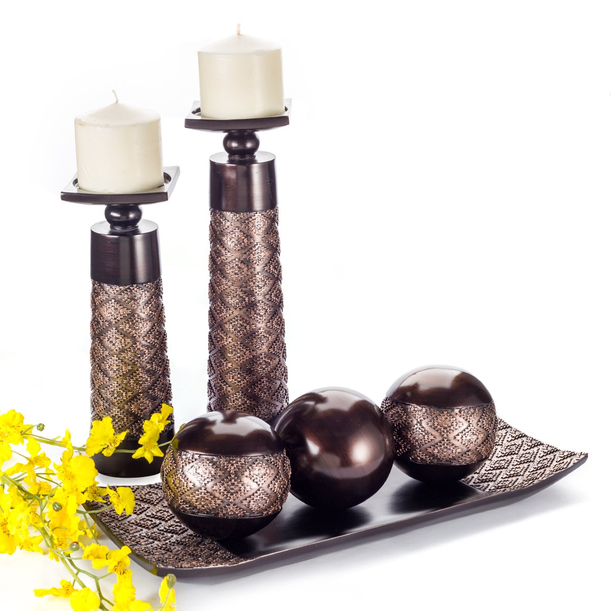Creative Scents Dublin Brown Home Decor Tray with Orbs Set and Matching Candle Holder Set of 2 - Coffee Table Mantle Decor Centerpiece