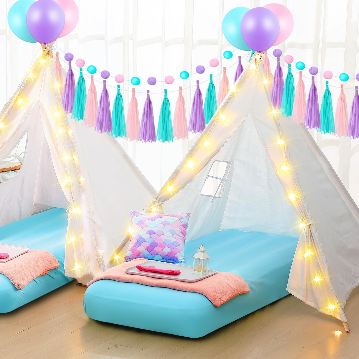 Windyun 4 Pack Mermaid Teepee Tent for Kids with Inflatable Airbed, String Light Fitted Sheet Mermaid Pillow Washable Toddler Indoor Play Tent for Girls Boys Sleepover Slumber Party