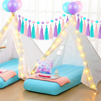 Windyun 4 Pack Mermaid Teepee Tent for Kids with Inflatable Airbed, String Light Fitted Sheet Mermaid Pillow Washable Toddler Indoor Play Tent for Girls Boys Sleepover Slumber Party