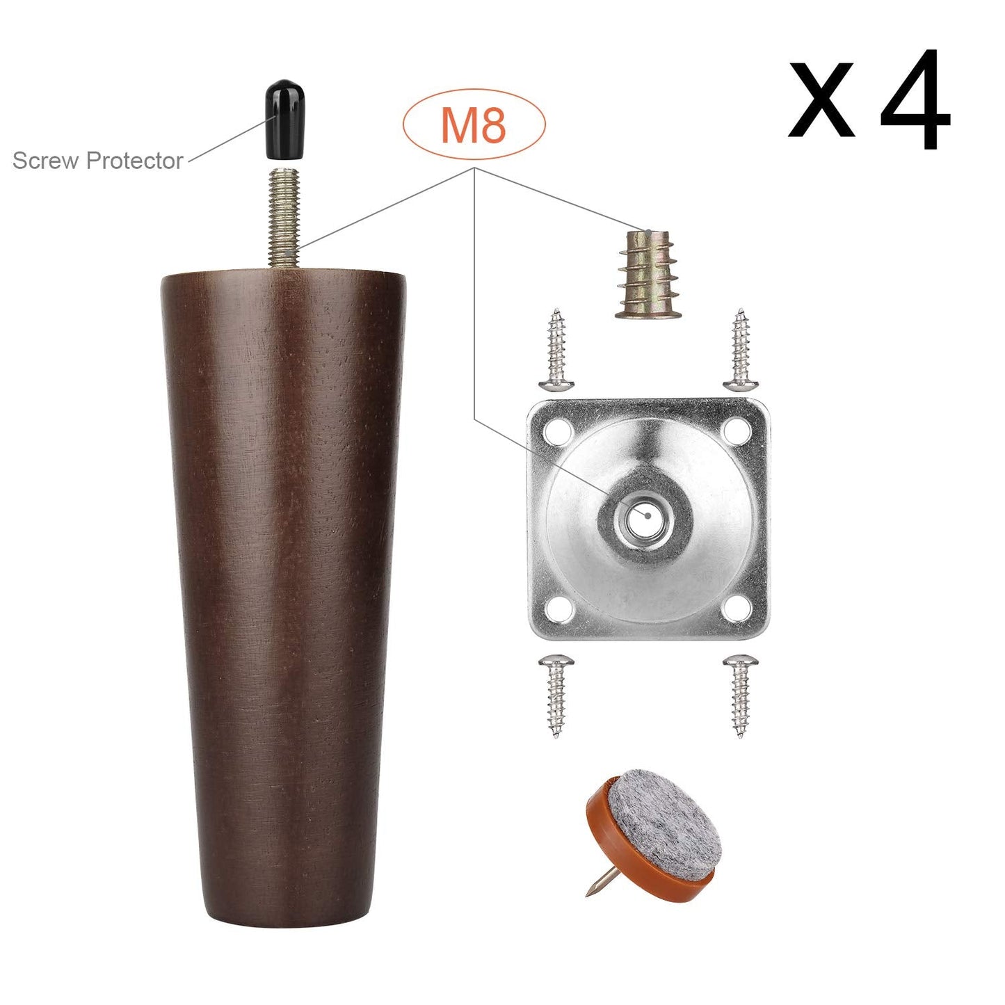 14 Degree Angled Leg Mounting Plates Furniture Table Leg Attachment Plates Brackets T-Plate M8 Sofa Legs with Hanger Bolts,Converters, Screws,Full Set of 4