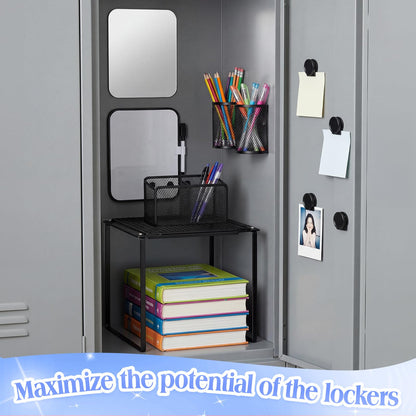 Colarr Adjustable Locker Shelf Organizer Set with Magnetic Accessories, Locker Shelf Adjustable 10.6–15 Inch with Magnetic Pen Holders Whiteboard Mirror Shelves for Classroom School Lockers (Black)