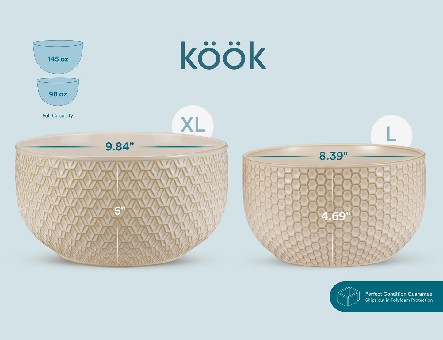 KooK Ceramic Mixing Bowls, Nesting Set of 4, Embossed Kitchen Dishware, Prep, Serving, Gift, Microwave and Dishwasher Safe, 20/44/98/145 oz, Narbonne Collection (Almond)