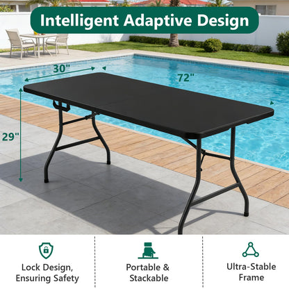 2 Pack Folding Table 6ft - Heavy Duty Plastic Table with Handle, Foldable & Portable, Fold-in-Half Utility Tables for Outdoor, Dining, Wedding, Events, Indoor, Picnic, Camping, Party (Black)