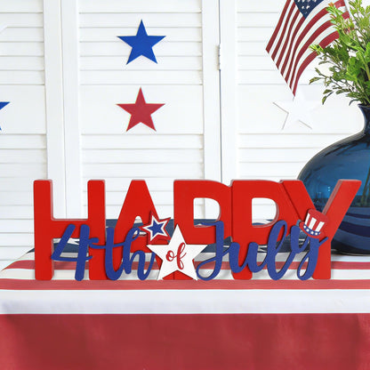 COCHIE Wooden Happy 4th of July Sign, Fourth of July Decorations for Home, Office, Shelf, Mantel, Indoor, Wood Patriotic Decor, Red Blue and White Table Top Centerpiece Party Decoration (Patriotic)