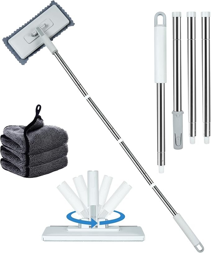 Disposable Dust Mop with 3 Shiny Cleaning Wipe Cloths, 360°Spin No Wash Mop