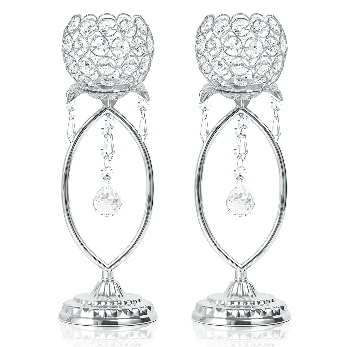 kehail 2 Pcs Silver Elegant Metal Crystal Tea Light Candle Holders with Crystal Pendants, Hollow Design - Wedding Table Centerpieces for Anniversary Birthday Party, Home Decor