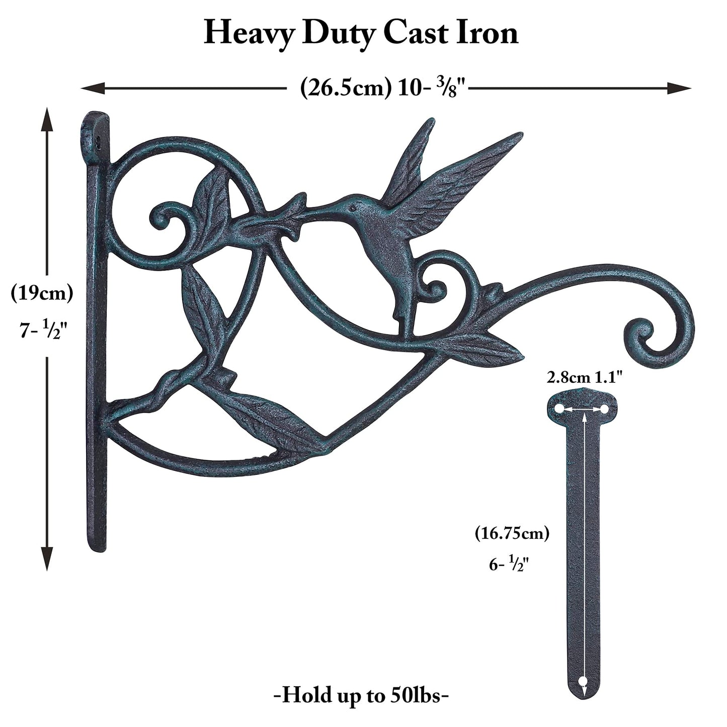FLORWOD 2pcs Outdoor Hangers for Plants Heavy Duty, Decorative Plant Hooks for Wall 10 Inch, Cast Iron Metal Hummingbird Hooks, Rustic Atrovirens